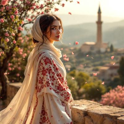 The primary subject of the image is a woman wearing a flowing white dress, standing on a stone wall. The setting is a hillside with a beautiful view of a city in the background. The visual style is a combination of a photo and digital art, creating a unique and artistic representation of the scene. The colors and mood of the image are predominantly warm and serene, with the woman's dress and the surrounding environment creating a sense of tranquility and connection to nature.